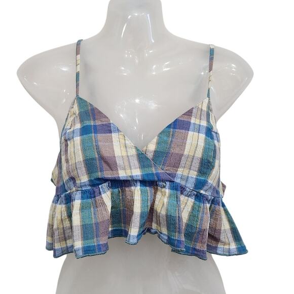 Urban Outfitters Ruffle Peplum Cropped Top V-Neck Plaid Multicolor Size Medium - Picture 1 of 10